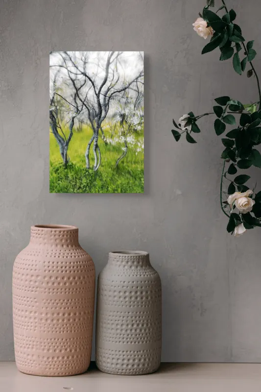 Tablou Canvas, "Dansul copacilor în vântul primăverii", Naturi, Vise, Primăvară, Verdeață, Flori, Trunchiuri, Ritm, Dans, Subtil, Eteric, 26 x 39 cm – poza 6