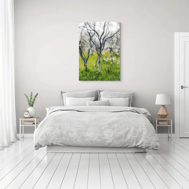 Tablou Canvas, "Dansul copacilor în vântul primăverii", Naturi, Vise, Primăvară, Verdeață, Flori, Trunchiuri, Ritm, Dans, Subtil, Eteric, 70 x 100 cm – poza 3
