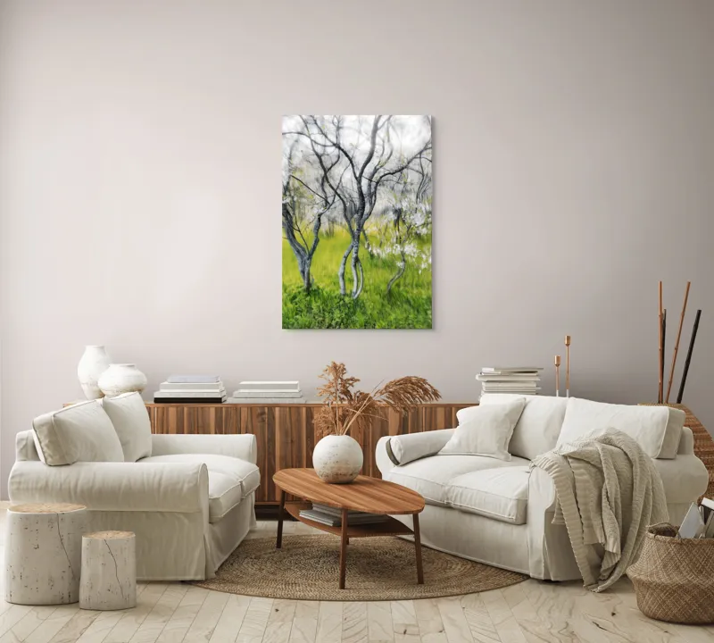 Tablou Canvas, "Dansul copacilor în vântul primăverii", Naturi, Vise, Primăvară, Verdeață, Flori, Trunchiuri, Ritm, Dans, Subtil, Eteric, 70 x 100 cm – poza 4