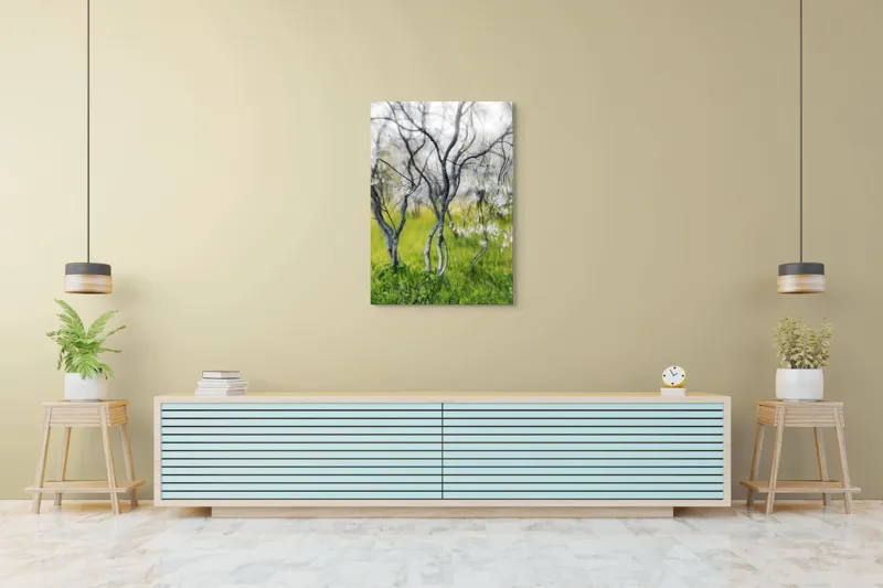 Tablou Canvas, "Dansul copacilor în vântul primăverii", Naturi, Vise, Primăvară, Verdeață, Flori, Trunchiuri, Ritm, Dans, Subtil, Eteric, 70 x 100 cm – poza 5