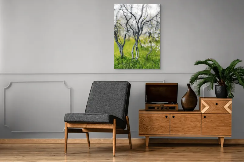 Tablou Canvas, "Dansul copacilor în vântul primăverii", Naturi, Vise, Primăvară, Verdeață, Flori, Trunchiuri, Ritm, Dans, Subtil, Eteric, 70 x 100 cm – poza 6