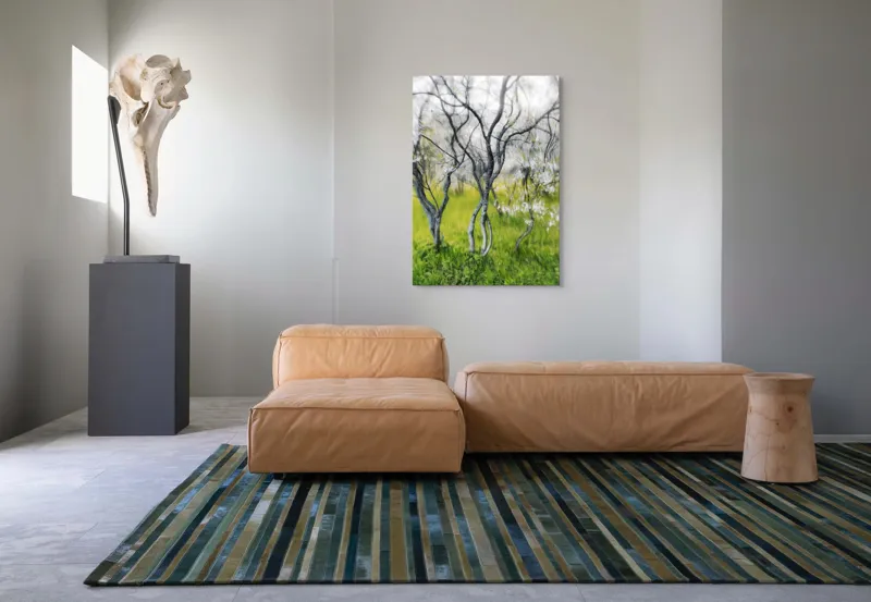 Tablou Canvas, "Dansul copacilor în vântul primăverii", Naturi, Vise, Primăvară, Verdeață, Flori, Trunchiuri, Ritm, Dans, Subtil, Eteric, 70 x 100 cm – poza 7