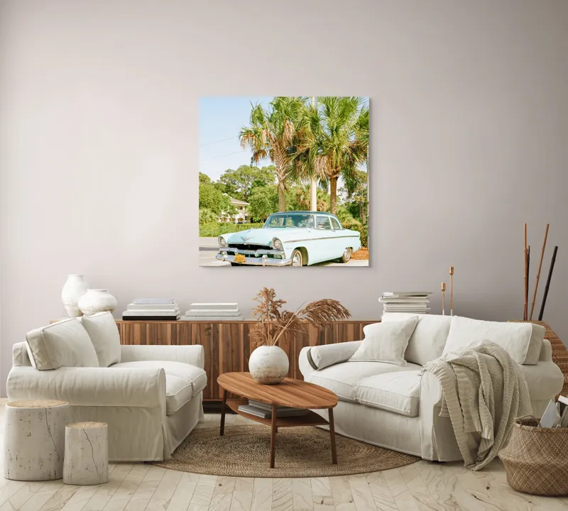 Tablou Canvas, "Mașina nostalgiei sub palmieri verzi", 100 x 100 cm – poza 3