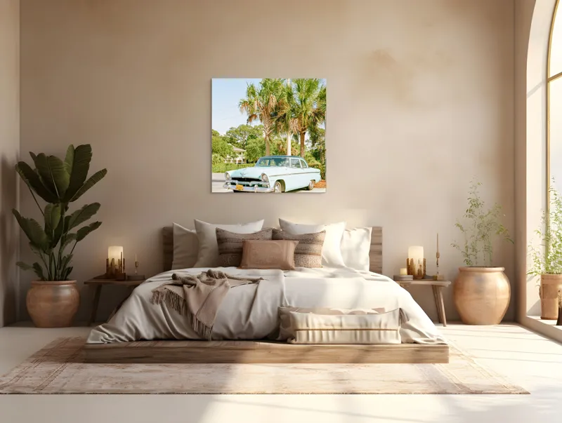 Tablou Canvas, "Mașina nostalgiei sub palmieri verzi", 100 x 100 cm – poza 4