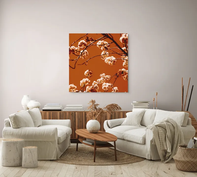 Tablou Canvas, "Flori de cireș sub cerul portocaliu", 100 x 100 cm – poza 3