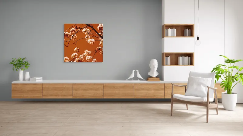 Tablou Canvas, "Flori de cireș sub cerul portocaliu", 100 x 100 cm – poza 8