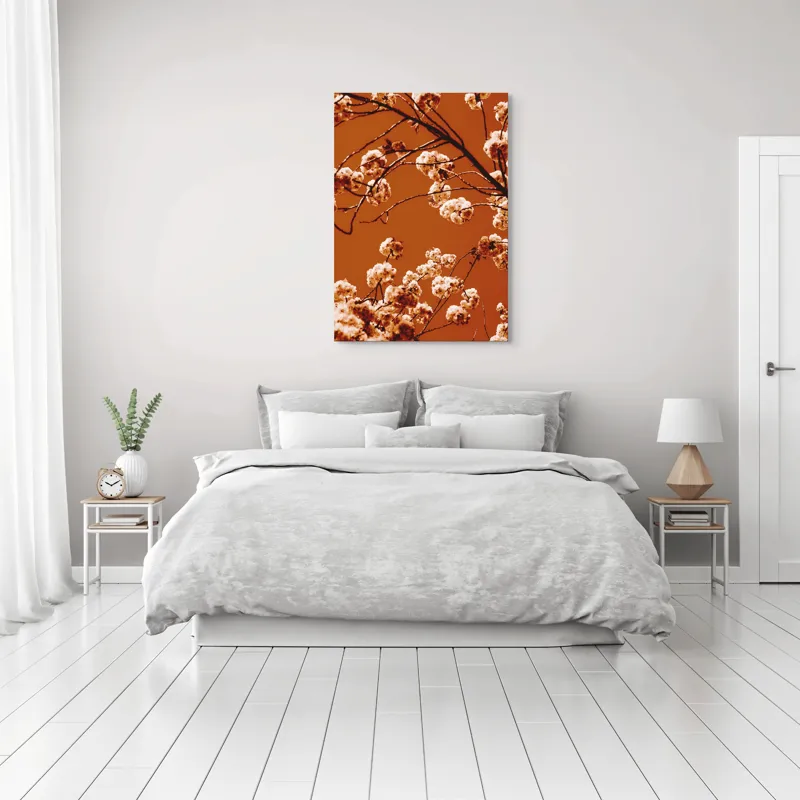 Tablou Canvas, "Flori de cireș sub cerul portocaliu", 70 x 100 cm – poza 3