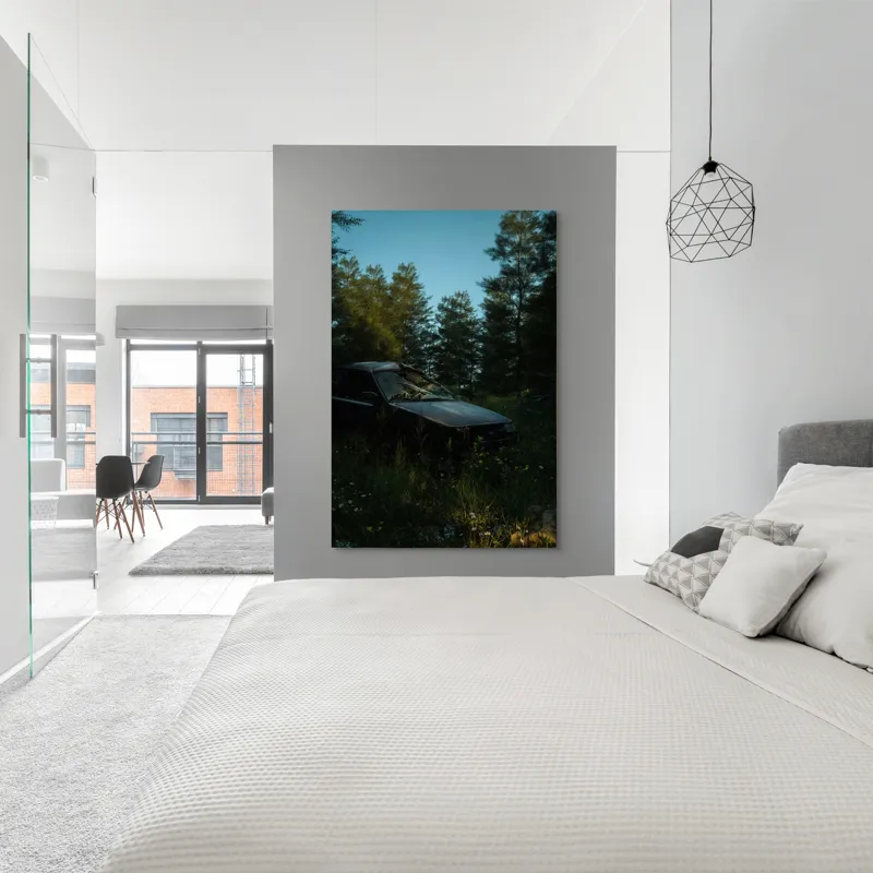Tablou Canvas, "Mașina uitată în pădurea tăcută", 100 x 150 cm – poza 5