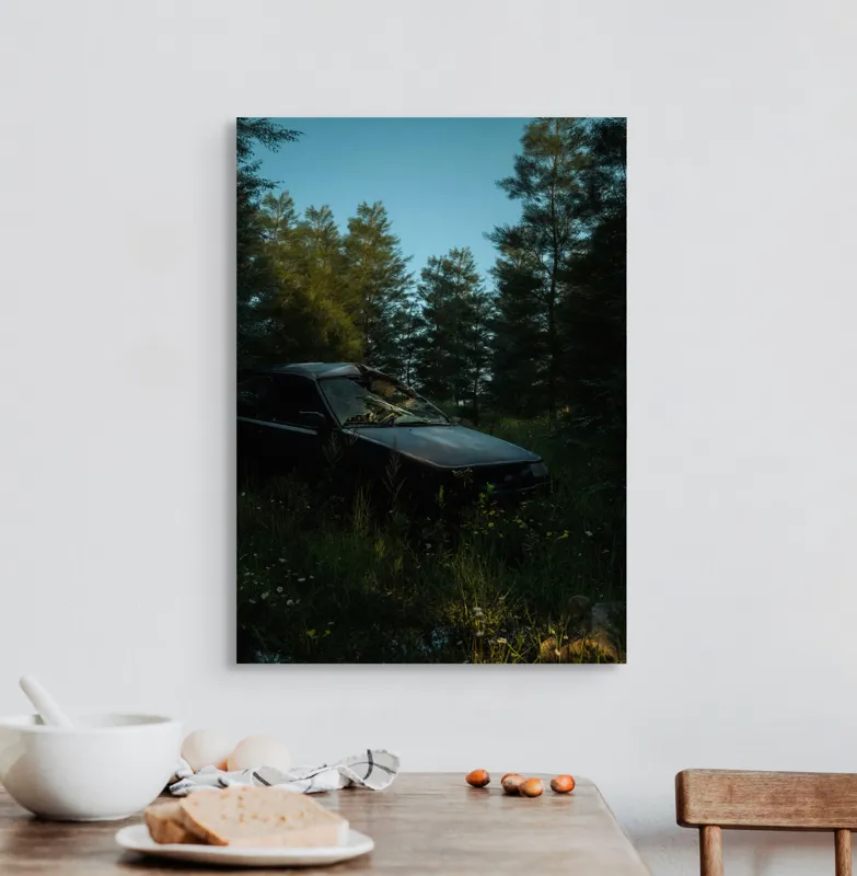 Tablou Canvas, "Mașina uitată în pădurea tăcută", 50 x 70 cm – poza 3