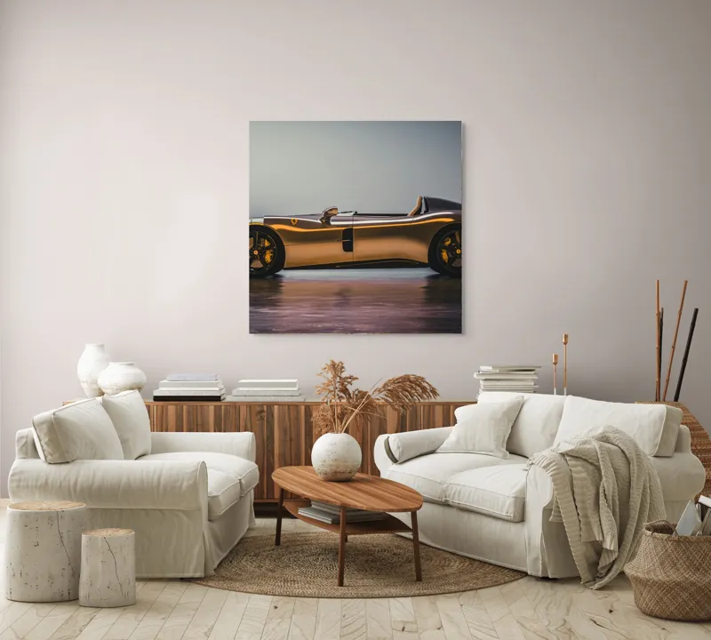 Tablou Canvas, "Mașină sport fără plafon aurie", Sleek, Futuristic, Elegant, Aerodynamic, Luxurious, 100 x 100 cm – poza 3