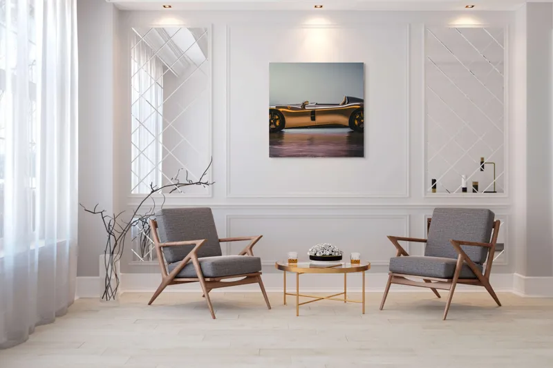 Tablou Canvas, "Mașină sport fără plafon aurie", Sleek, Futuristic, Elegant, Aerodynamic, Luxurious, 100 x 100 cm – poza 7