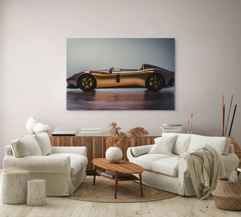 Tablou Canvas, "Mașină sport fără plafon aurie", Sleek, Futuristic, Elegant, Aerodynamic, Luxurious, 150 x 100 cm – poza 3