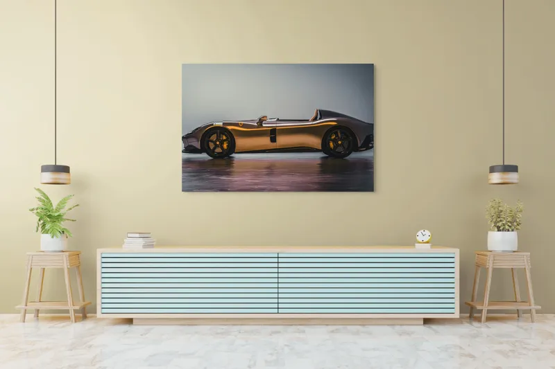 Tablou Canvas, "Mașină sport fără plafon aurie", Sleek, Futuristic, Elegant, Aerodynamic, Luxurious, 150 x 100 cm – poza 6