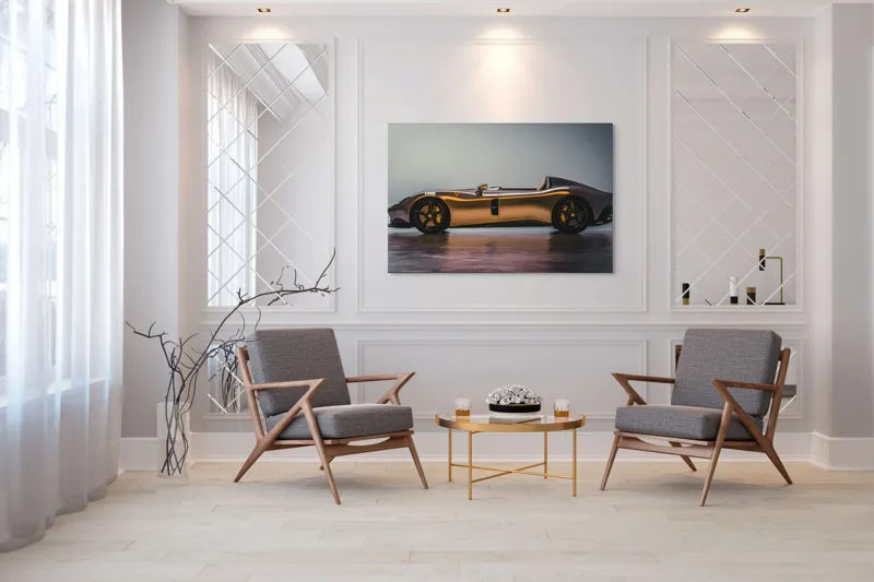Tablou Canvas, "Mașină sport fără plafon aurie", Sleek, Futuristic, Elegant, Aerodynamic, Luxurious, 150 x 100 cm – poza 7