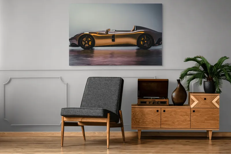Tablou Canvas, "Mașină sport fără plafon aurie", Sleek, Futuristic, Elegant, Aerodynamic, Luxurious, 150 x 100 cm – poza 8