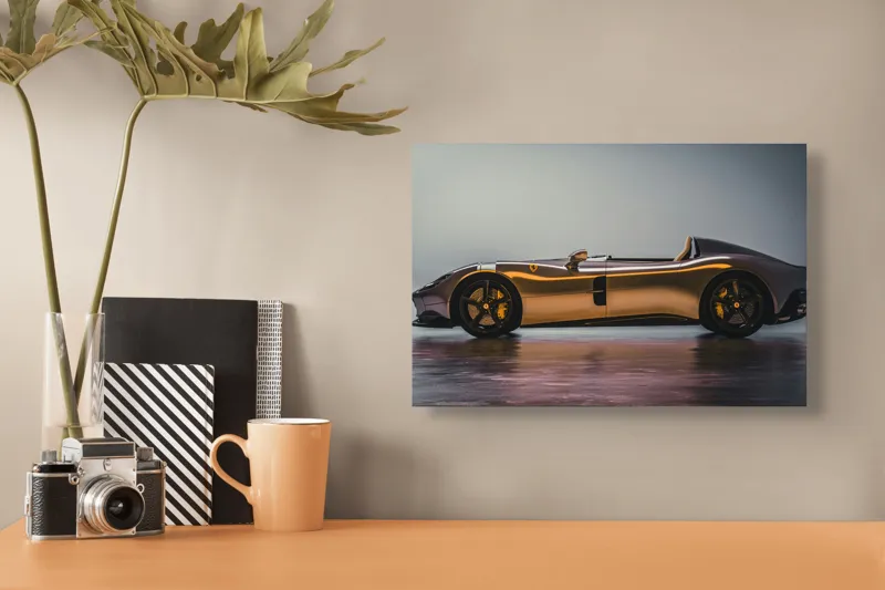 Tablou Canvas, "Mașină sport fără plafon aurie", Sleek, Futuristic, Elegant, Aerodynamic, Luxurious, 39 x 26 cm – poza 3