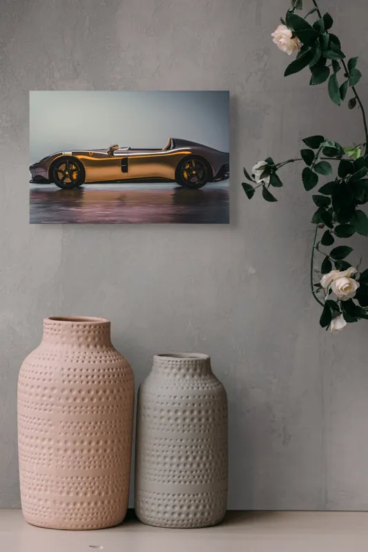 Tablou Canvas, "Mașină sport fără plafon aurie", Sleek, Futuristic, Elegant, Aerodynamic, Luxurious, 39 x 26 cm – poza 4
