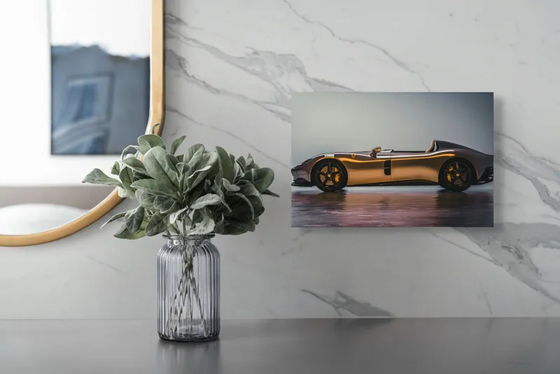 Tablou Canvas, "Mașină sport fără plafon aurie", Sleek, Futuristic, Elegant, Aerodynamic, Luxurious, 39 x 26 cm – poza 5