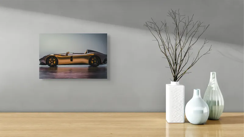 Tablou Canvas, "Mașină sport fără plafon aurie", Sleek, Futuristic, Elegant, Aerodynamic, Luxurious, 39 x 26 cm – poza 8