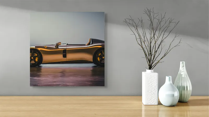 Tablou Canvas, "Mașină sport fără plafon aurie", Sleek, Futuristic, Elegant, Aerodynamic, Luxurious, 50 x 50 cm – poza 3