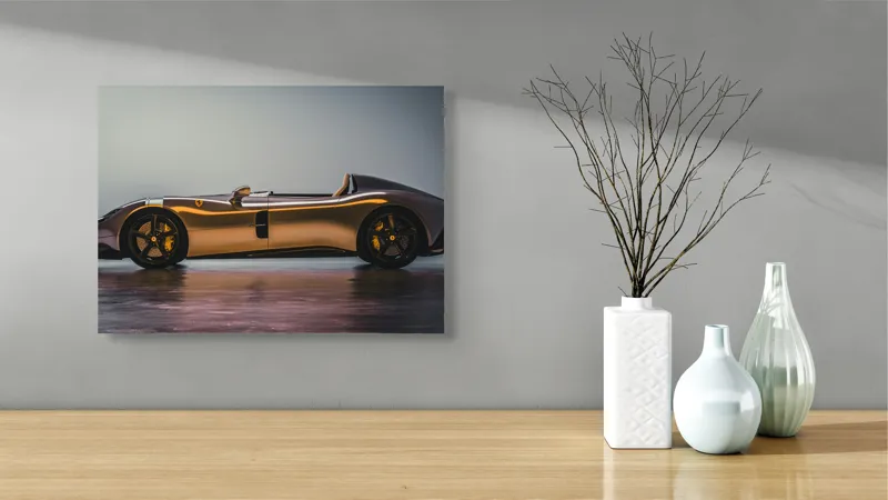 Tablou Canvas, "Mașină sport fără plafon aurie", Sleek, Futuristic, Elegant, Aerodynamic, Luxurious, 54 x 39 cm – poza 3