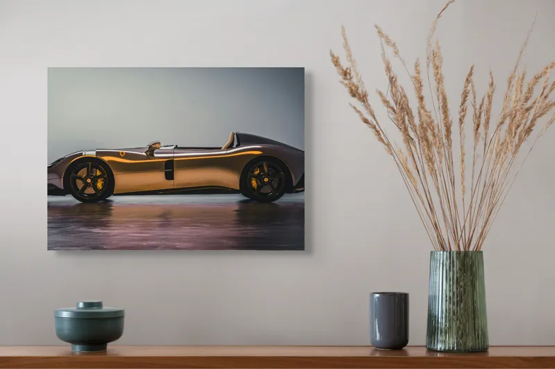 Tablou Canvas, "Mașină sport fără plafon aurie", Sleek, Futuristic, Elegant, Aerodynamic, Luxurious, 54 x 39 cm – poza 4