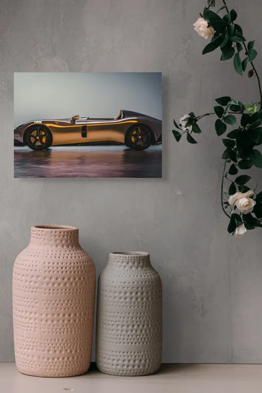 Tablou Canvas, "Mașină sport fără plafon aurie", Sleek, Futuristic, Elegant, Aerodynamic, Luxurious, 54 x 39 cm – poza 8