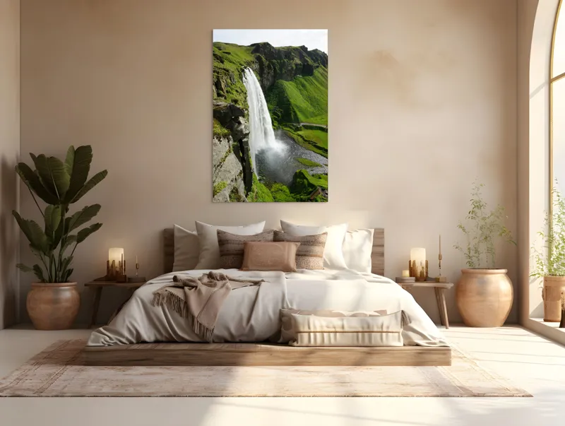 Tablou Canvas, "Cascade spectaculoasă în inima naturii", Cascadă, Verdeață, Rocă, Apă, Munți, Natură, Cer, Splendoare, 100 x 150 cm – poza 3