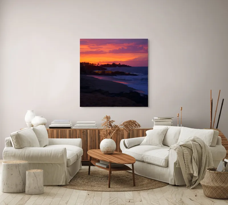Tablou Canvas, "Apus de soare la malul mării", Apus, Ocean, Nori, Culori, Siluete, Valuri, Plajă, Frumusețe, Liniște, Magie, 100 x 100 cm – poza 3