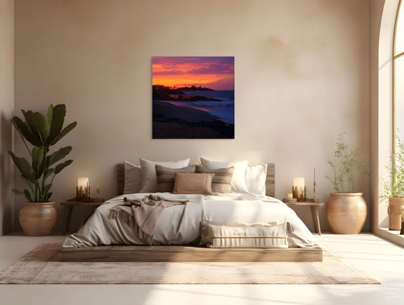 Tablou Canvas, "Apus de soare la malul mării", Apus, Ocean, Nori, Culori, Siluete, Valuri, Plajă, Frumusețe, Liniște, Magie, 100 x 100 cm – poza 4