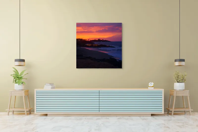 Tablou Canvas, "Apus de soare la malul mării", Apus, Ocean, Nori, Culori, Siluete, Valuri, Plajă, Frumusețe, Liniște, Magie, 100 x 100 cm – poza 5