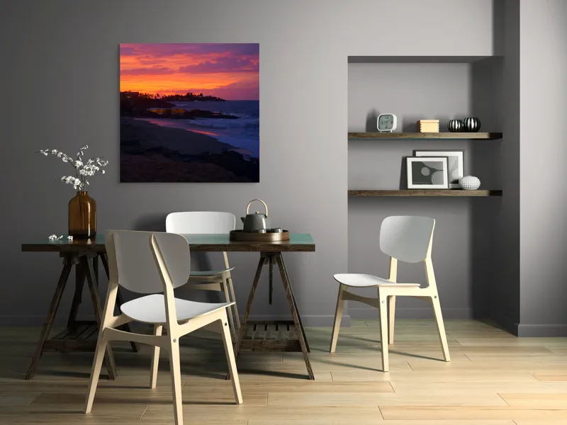 Tablou Canvas, "Apus de soare la malul mării", Apus, Ocean, Nori, Culori, Siluete, Valuri, Plajă, Frumusețe, Liniște, Magie, 100 x 100 cm – poza 6