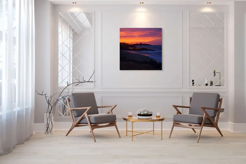 Tablou Canvas, "Apus de soare la malul mării", Apus, Ocean, Nori, Culori, Siluete, Valuri, Plajă, Frumusețe, Liniște, Magie, 100 x 100 cm – poza 7