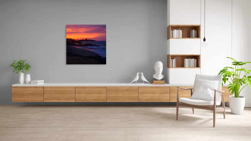 Tablou Canvas, "Apus de soare la malul mării", Apus, Ocean, Nori, Culori, Siluete, Valuri, Plajă, Frumusețe, Liniște, Magie, 100 x 100 cm – poza 8
