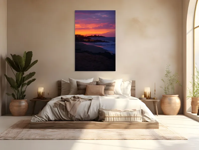 Tablou Canvas, "Apus de soare la malul mării", Apus, Ocean, Nori, Culori, Siluete, Valuri, Plajă, Frumusețe, Liniște, Magie, 100 x 150 cm – poza 3
