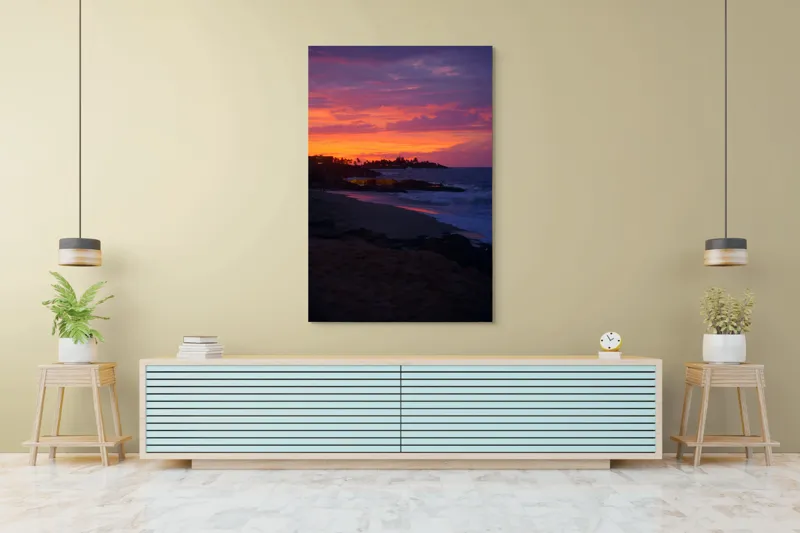Tablou Canvas, "Apus de soare la malul mării", Apus, Ocean, Nori, Culori, Siluete, Valuri, Plajă, Frumusețe, Liniște, Magie, 100 x 150 cm – poza 4