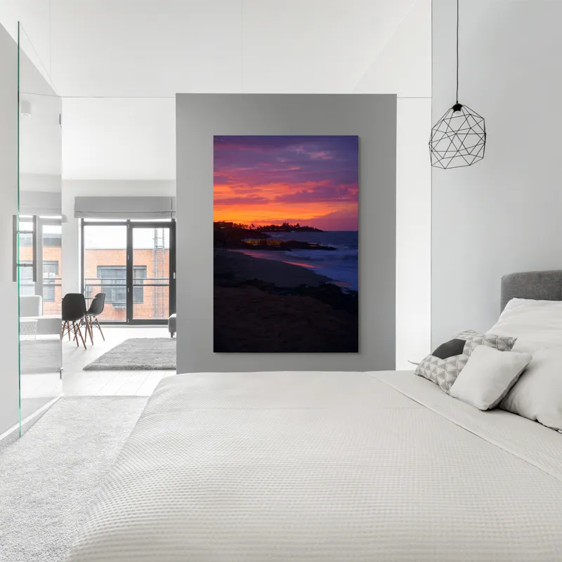 Tablou Canvas, "Apus de soare la malul mării", Apus, Ocean, Nori, Culori, Siluete, Valuri, Plajă, Frumusețe, Liniște, Magie, 100 x 150 cm – poza 5