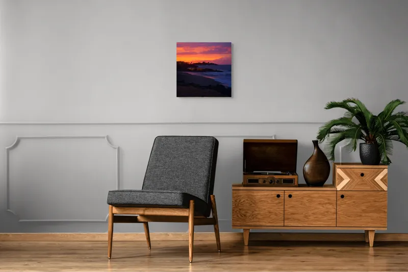 Tablou Canvas, "Apus de soare la malul mării", Apus, Ocean, Nori, Culori, Siluete, Valuri, Plajă, Frumusețe, Liniște, Magie, 50 x 50 cm – poza 6
