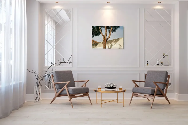 Tablou Canvas, "Umbră de arbore pe clădire modernă", Arbore, Cer, Umbre, Clădire, Pereți, Ramuri, Frunziș, Lumină, 100 x 70 cm – poza 5