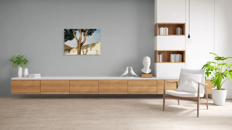 Tablou Canvas, "Umbră de arbore pe clădire modernă", Arbore, Cer, Umbre, Clădire, Pereți, Ramuri, Frunziș, Lumină, 100 x 70 cm – poza 6