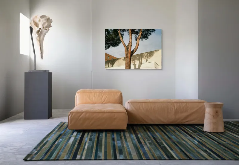 Tablou Canvas, "Umbră de arbore pe clădire modernă", Arbore, Cer, Umbre, Clădire, Pereți, Ramuri, Frunziș, Lumină, 100 x 70 cm – poza 7