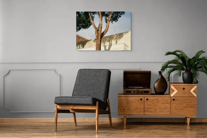 Tablou Canvas, "Umbră de arbore pe clădire modernă", Arbore, Cer, Umbre, Clădire, Pereți, Ramuri, Frunziș, Lumină, 100 x 70 cm – poza 8