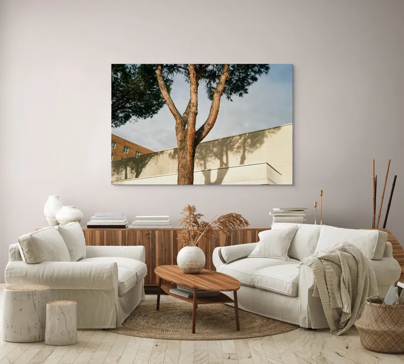 Tablou Canvas, "Umbră de arbore pe clădire modernă", Arbore, Cer, Umbre, Clădire, Pereți, Ramuri, Frunziș, Lumină, 150 x 100 cm – poza 3