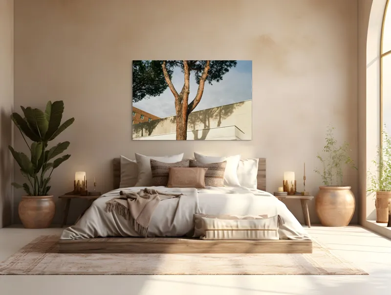 Tablou Canvas, "Umbră de arbore pe clădire modernă", Arbore, Cer, Umbre, Clădire, Pereți, Ramuri, Frunziș, Lumină, 150 x 100 cm – poza 4