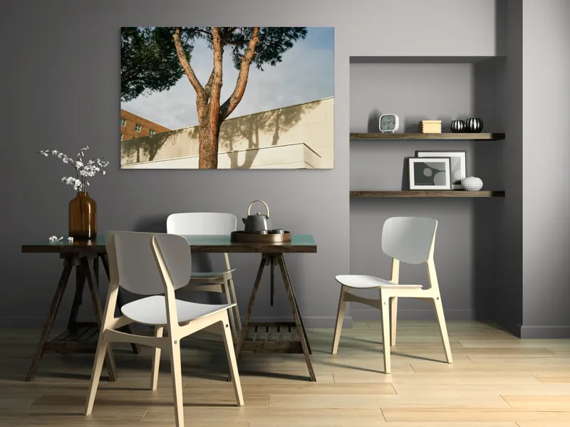Tablou Canvas, "Umbră de arbore pe clădire modernă", Arbore, Cer, Umbre, Clădire, Pereți, Ramuri, Frunziș, Lumină, 150 x 100 cm – poza 5