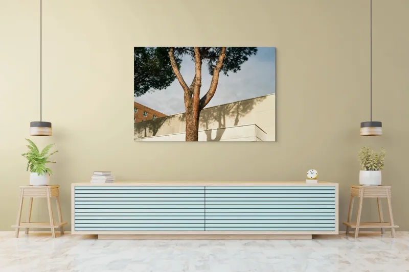 Tablou Canvas, "Umbră de arbore pe clădire modernă", Arbore, Cer, Umbre, Clădire, Pereți, Ramuri, Frunziș, Lumină, 150 x 100 cm – poza 6