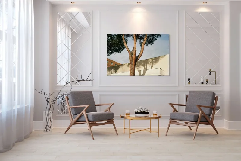 Tablou Canvas, "Umbră de arbore pe clădire modernă", Arbore, Cer, Umbre, Clădire, Pereți, Ramuri, Frunziș, Lumină, 150 x 100 cm – poza 7