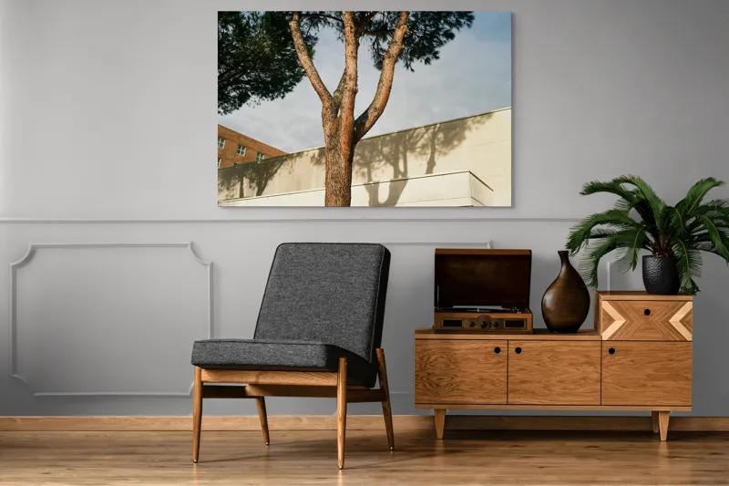 Tablou Canvas, "Umbră de arbore pe clădire modernă", Arbore, Cer, Umbre, Clădire, Pereți, Ramuri, Frunziș, Lumină, 150 x 100 cm – poza 8