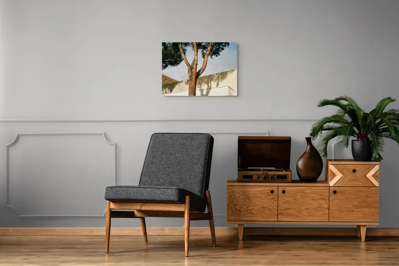 Tablou Canvas, "Umbră de arbore pe clădire modernă", Arbore, Cer, Umbre, Clădire, Pereți, Ramuri, Frunziș, Lumină, 70 x 50 cm – poza 4