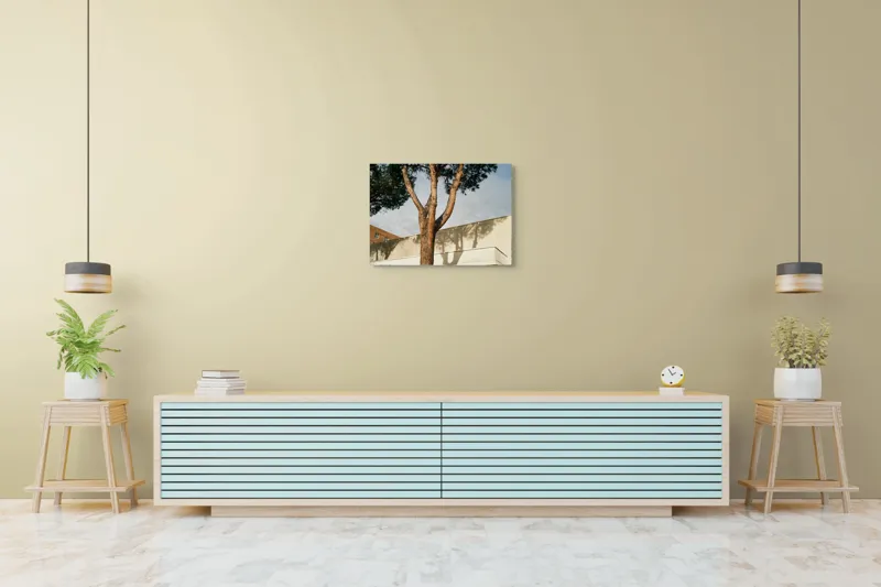 Tablou Canvas, "Umbră de arbore pe clădire modernă", Arbore, Cer, Umbre, Clădire, Pereți, Ramuri, Frunziș, Lumină, 70 x 50 cm – poza 7